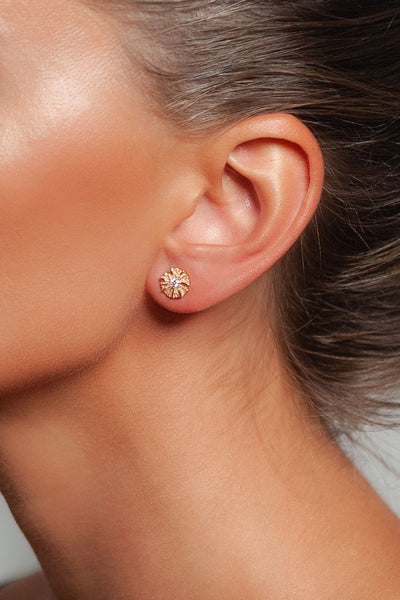 Baby Sun Earrings in Rose Gold with Diamonds by Viktor Sitalo on a Model 