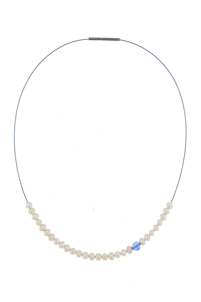Abacus Pearl Necklace with a Tanzanite Bead by Peregrina Pearls - a lovely medium-length necklace with running pearls and a genuine tanzanite on a blue steel cord with a bayonet closure