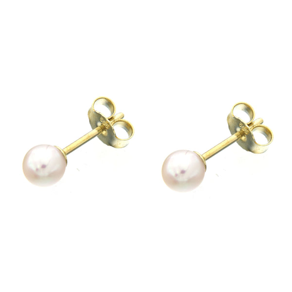 Tiny Pearl Earrings - genuine freshwater pearls and 14 Kt (585) yellow gold, stud earrings, view with the post