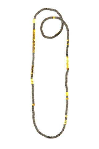 Sunny Days in Klaipeda Necklace by Nadia Sitalo - a beautiful shimmering grey shell necklace with irregular bits of genuine amber tubes